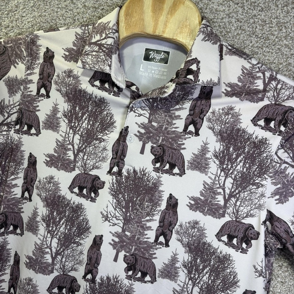 Waggle Polo Shirt Mens Large White Bear Print Golf Performance Stretch Jersey